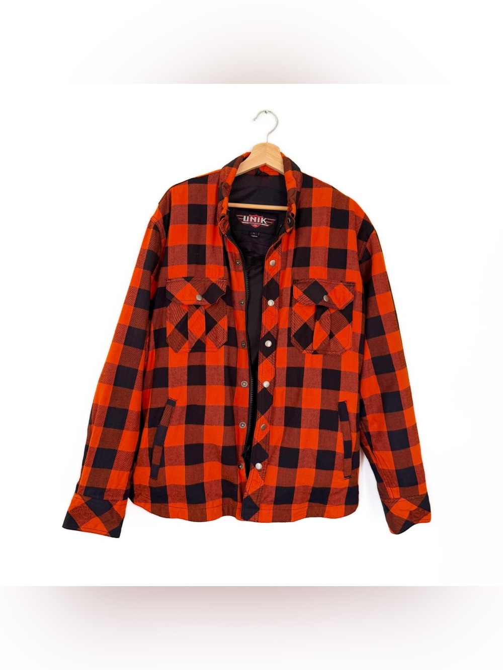 Unik Riding Gear Flannel Armored Protective Jacket Orange Black Plaid Mens Large